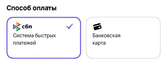 Изображен интерфейс с выборами способами оплаты, слева СБП, справа карта